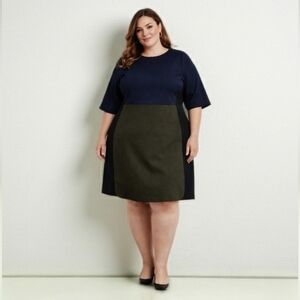 HUTCH Colorblock Navy and Olive A-Line Dress Career Stretch Slimming 16W